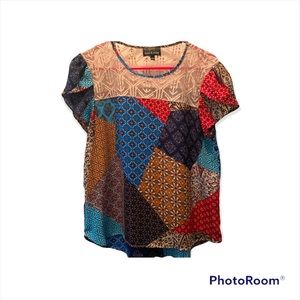 Twine & String Womens Large Boho Patchwork Blouse with Lace Neckline